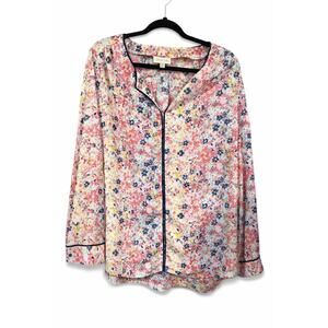 ModCloth XL Floral Long Sleeve V-Neck Blouse Boho Romantic Navy Piping Top